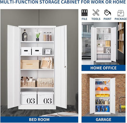 Fesbos Metal Storage Cabinet-71” Tall Steel File Cabinets with Lockable Doors and Adjustable Shelves-White Steel Storage Cabinet for Home, School, Office, Garage
