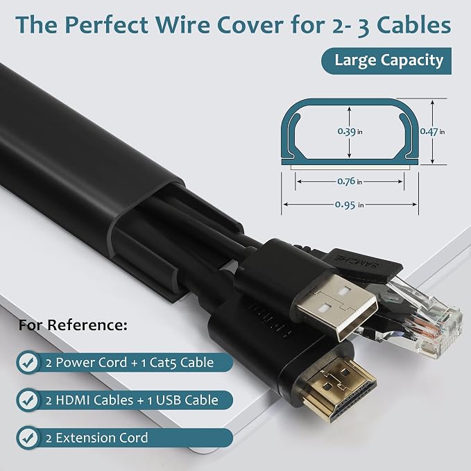 Wire Covers for 2-3 Cords, 43.7in Cord Hider, Wire Hiders for TV on Wall, Paintable Cable Cover Channel, Cable Management Raceway Kit for Wall Mounted TV in Home Office, 0.95in W X 0.47in H, Black