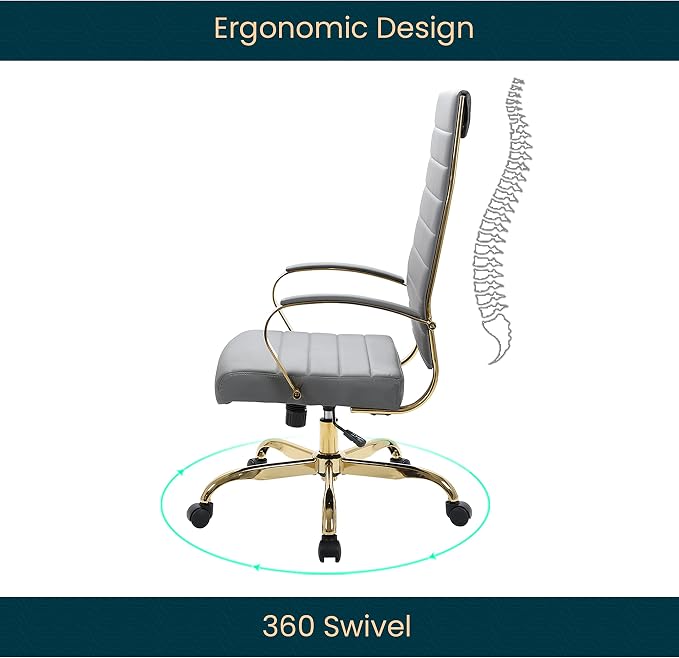 LeisureMod Modern High-Back Leather Office Chair - Swivel & Adjustable Executive Desk Chair with Gold Frame, Ergonomic Design for Home & Office (Grey, Single)