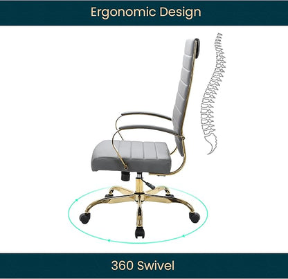 LeisureMod Modern High-Back Leather Office Chair - Swivel & Adjustable Executive Desk Chair with Gold Frame, Ergonomic Design for Home & Office (Grey, Single)