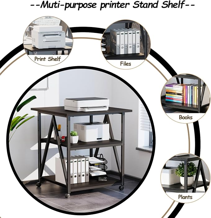 Arbuxzuy 3-Tier Printer Stand, Large Printer Table with Storage, Industrial Printer Storage Cart with Wheels, Rolling Printer Stand for Heat Press Scanner Fax, Black