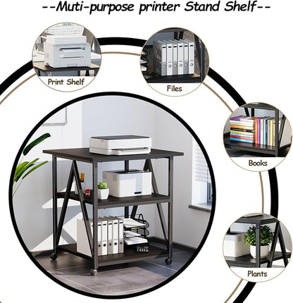 Arbuxzuy 3-Tier Printer Stand, Large Printer Table with Storage, Industrial Printer Storage Cart with Wheels, Rolling Printer Stand for Heat Press Scanner Fax, Black