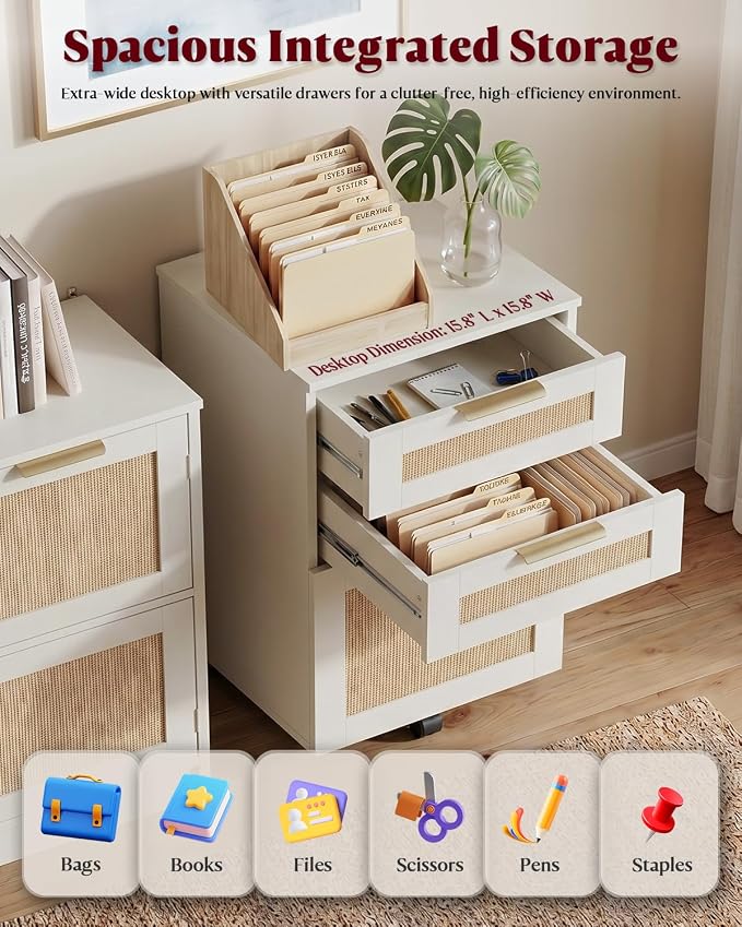 HOPUBUY 3 Drawer File Cabinet with Lock, Small Rattan Filing Cabinets with Wheels, Wood Rolling Office Storage for Under Desk Home Office,White