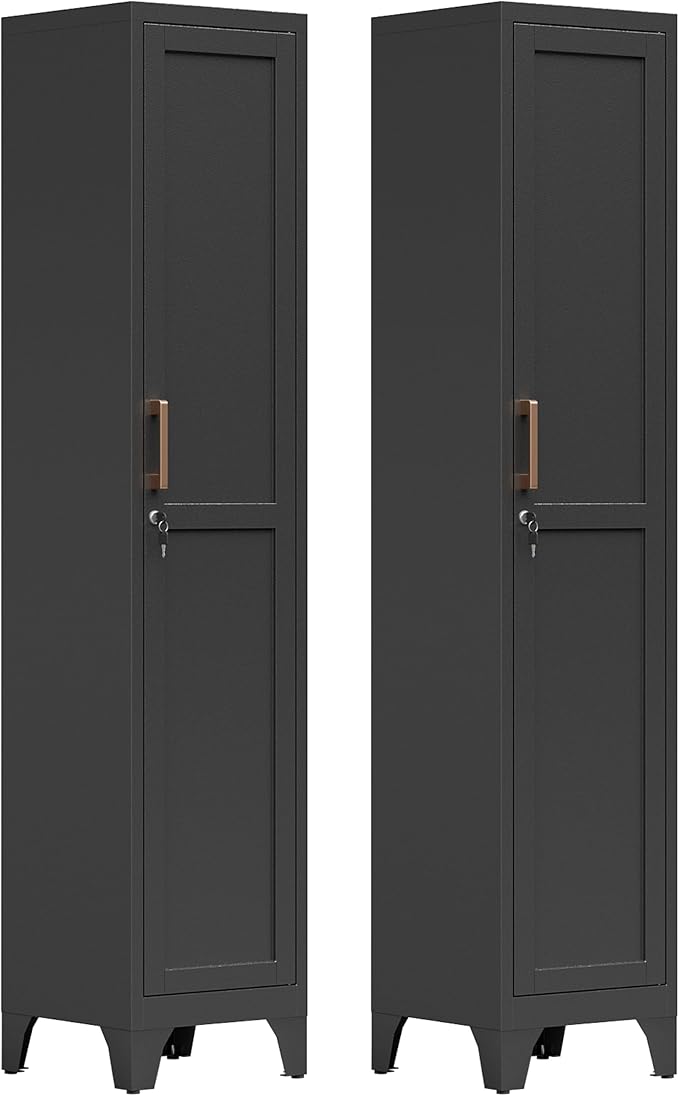 67"H Black Metal Locker with 1 Lockable Door and 4 Adjustable Shelves For Employees, 5 Tier Thin Storage Cabinet with Detachable Legs and Gold Handle for Kitchen,Office,Gym,School,Easy Assembly 2Pcs