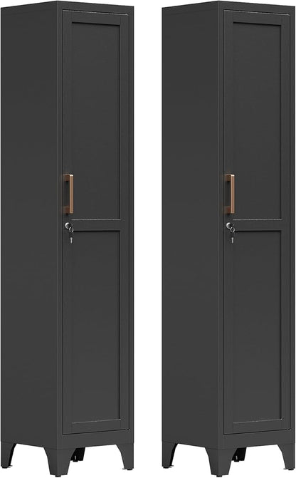 67"H Black Metal Locker with 1 Lockable Door and 4 Adjustable Shelves For Employees, 5 Tier Thin Storage Cabinet with Detachable Legs and Gold Handle for Kitchen,Office,Gym,School,Easy Assembly 2Pcs