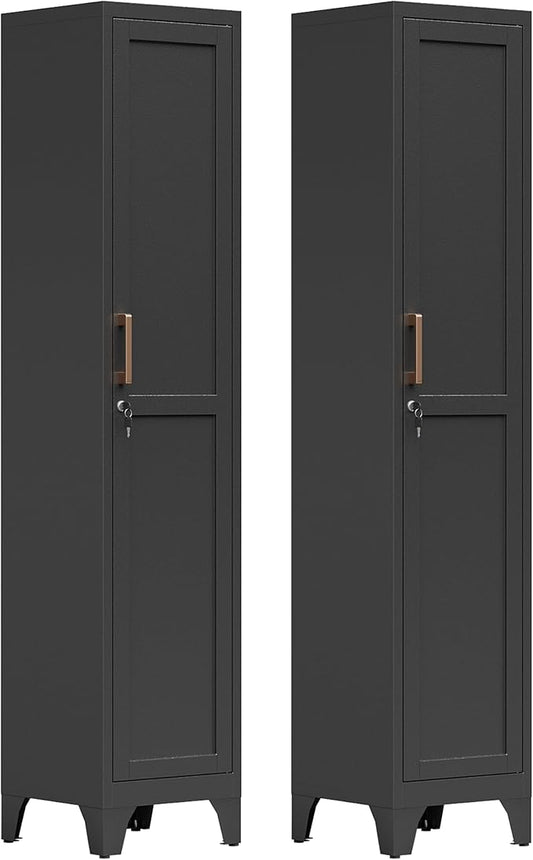 67"H Black Metal Locker with 1 Lockable Door and 4 Adjustable Shelves For Employees, 5 Tier Thin Storage Cabinet with Detachable Legs and Gold Handle for Kitchen,Office,Gym,School,Easy Assembly 2Pcs