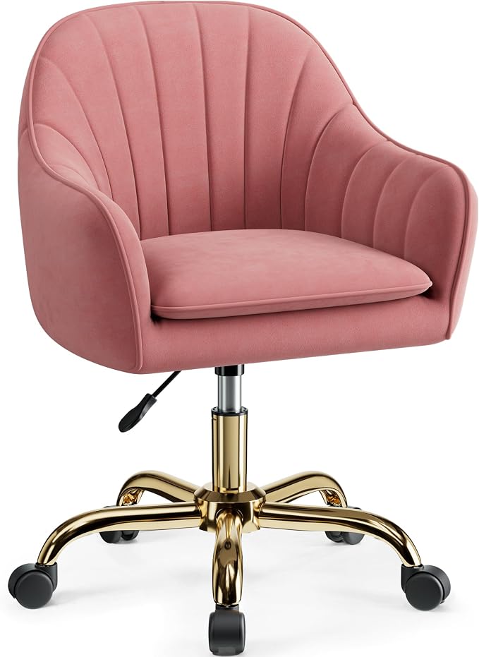 Vanity Chair with Wheels, Comfy Home Office Desk Chairs Adjustable Modern Velvet Makeup Vanity Chairs for Bedroom Living Room-Dusty Rose