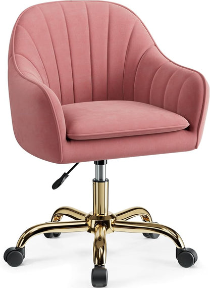 Vanity Chair with Wheels, Comfy Home Office Desk Chairs Adjustable Modern Velvet Makeup Vanity Chairs for Bedroom Living Room-Dusty Rose