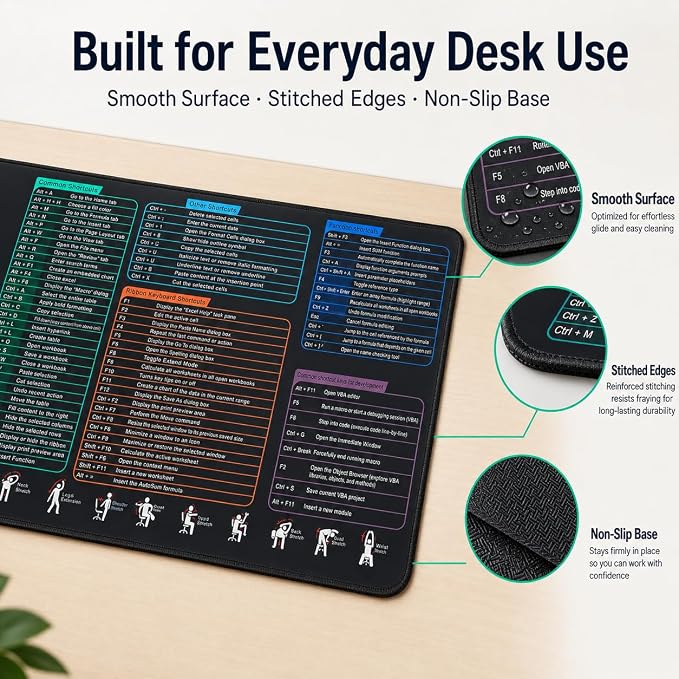 Excel Cheat Sheet Desk Pad, Large Mouse Pad with Shortcuts & Formulas for Windows PC, Non-Slip Stitched Office Keyboard Mat, Carbon Black, 35.5 x 15.8 in,3mm Thick