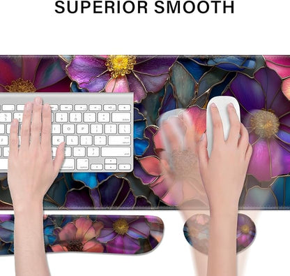 Desk Pad and Keyboard Wrist Rest, Large Mouse Pad + Keyboard Pad+Mouse Wrist Support, Non-Slip Desk Mat Protector for Office, Home 31.5×11.8 Inches Glass Flower