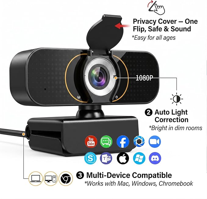 1080P Webcam for PC & Laptop with Microphone — Stay Connected | Plug and Play No Driver, Crystal Clear Video Auto Lighting, Privacy Physically Protected, Mount It Anywhere in Seconds