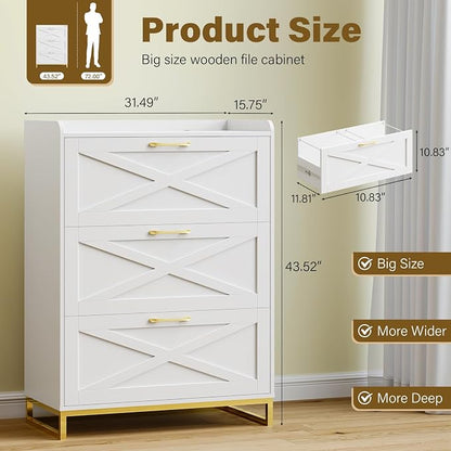 Vabches File Cabinet 3 Drawers Lateral File Cabinet with Charging Station for Letter/Legal/A4 Size Hanging Files, Large Wood File Storage Cabinets Printer Stand for Home Office, White and Gold