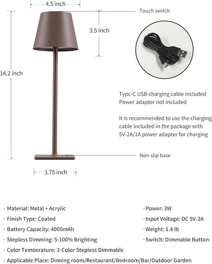 KDG 2 Pack Cordless Table Lamp,Portable LED Desk Lamp, 4000mAh Battery Operated, 3 Color Stepless Dimming Up, for Restaurant/Bedroom/Bars/Outdoor Party/Camping/Coffee Shop Night Light(Brown)