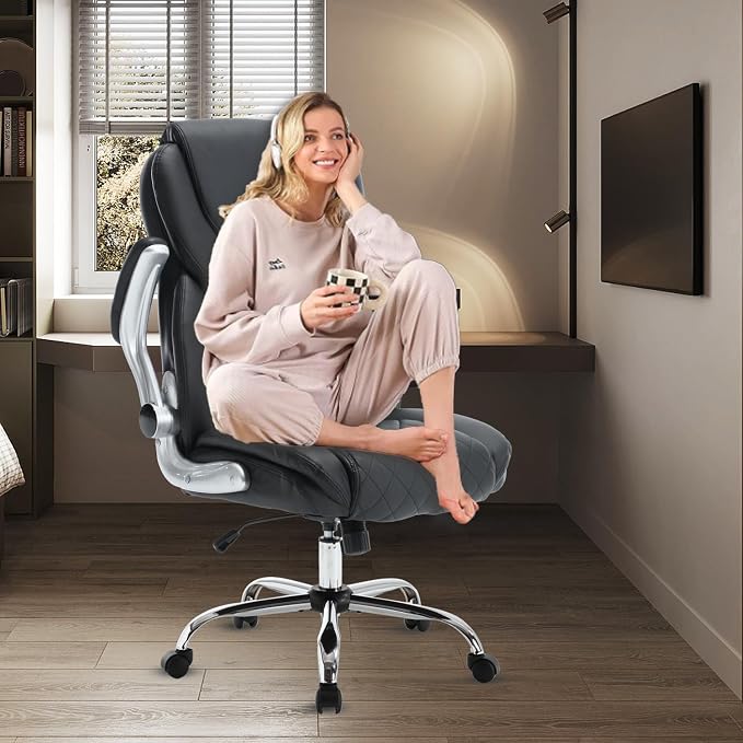 Big and Tall Office Chair 400lbs, High Back Ergonomic Desk Chair with Lumbar Support, Heavy Duty PU Leather Executive Computer Chair with Flip-up Arms, Rocking Swivel Task Chair for Home Office Black
