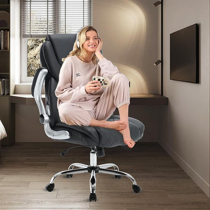 Big and Tall Office Chair 400lbs, High Back Ergonomic Desk Chair with Lumbar Support, Heavy Duty PU Leather Executive Computer Chair with Flip-up Arms, Rocking Swivel Task Chair for Home Office Black