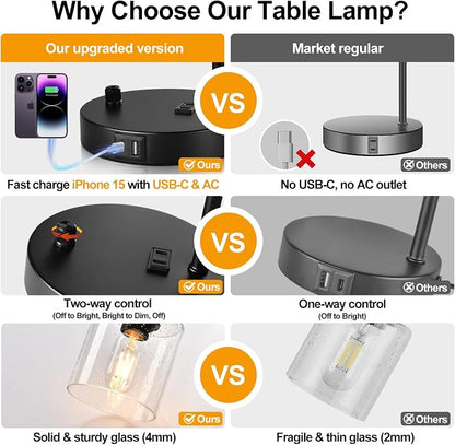 Set of 2 Industrial Table Lamps with USB C+A Ports and Outlet, Fully Stepless Dimmable Bedside Lamps for Bedrooms, Nightstand Lamp with Seed Glass Shade for Reading Living Room Office (Bulbs Included)