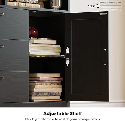 IRONCK Bookshelf, 70.9 Inch Tall Bookcase, Black Book Shelf with Doors and 3 Drawers, 3-Tier Bookshelves with 6 Open Cubes for Home Office, Living Room, Study