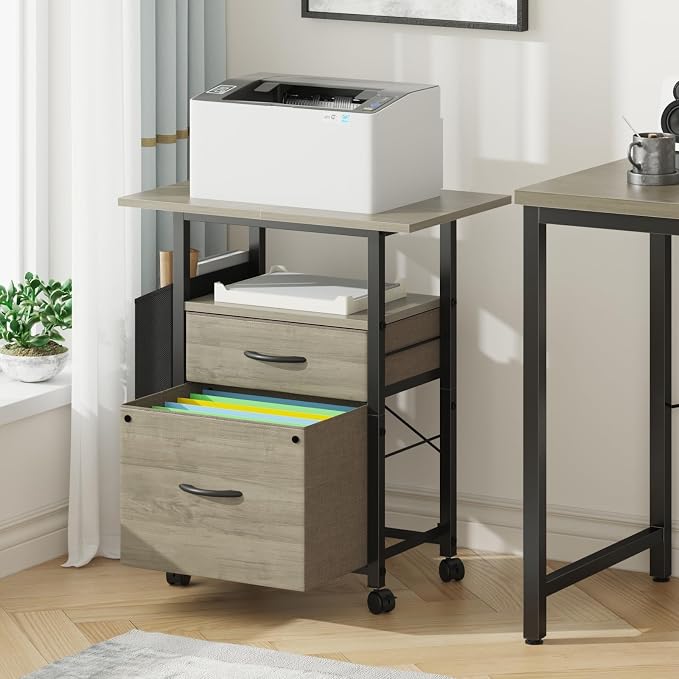GYIIYUO 2 Drawer File Cabinet with 24'' Extended Desktop, Mobile Filing Cabinet, Rolling File Cabinet with Side Bag, Fabric Drawer, Fits A4/Letter Size, Printer Stand Home Office, Oak Grey