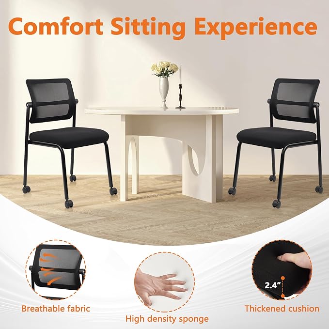 CLATINA Stacking Armless Office Waiting Room Chair with Wheels, Stackable Mesh Guest Reception Desk Chairs with Adjustable Backrest for Conference Lobby Side School, Black, 2 Pack