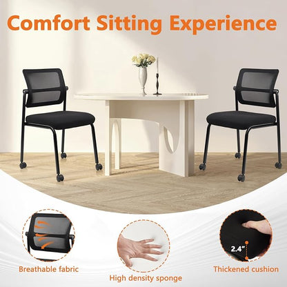 CLATINA Stacking Armless Office Waiting Room Chair with Wheels, Stackable Mesh Guest Reception Desk Chairs with Adjustable Backrest for Conference Lobby Side School, Black, 2 Pack