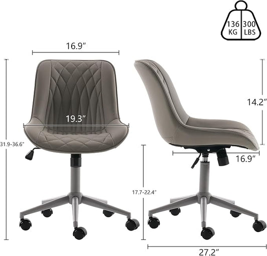 YOUNIKE Grey Faux Leather Ergonomic Office Chair Armless Comfy Desk Chair with Rocking Back Cute Swivel Vanity Chair with Wheels Height Adjustable Small Computer Task Chair for Sewing Drafting