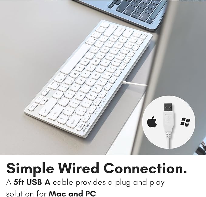 Macally Small Wired Keyboard for Mac and Windows - 78 Scissor Switch Keys Compatible Apple Keyboard - USB Mini Keyboard that Saves Space and Looks Great - Plug and Play Wired Mac Keyboard - Aluminum
