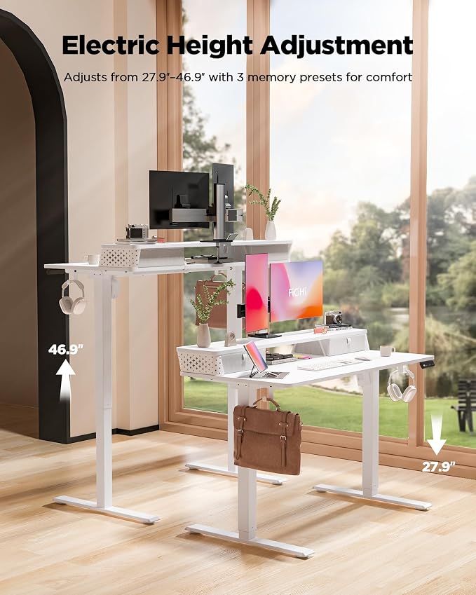 FiCiHi 48x24 Inch Standing Desk with Drawers, C-Clamp Mount Compatible, Electric Adjustable Height Computer Stand Up Desks, Home Office Sit Stand Table with 3 Preset Heights, White
