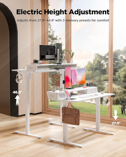 FiCiHi 35x20 Inch Standing Desk with Drawers, C-Clamp Mount Compatible, Electric Adjustable Height Computer Small Stand Up Desks, Home Office Sit Stand Table with 3 Preset Heights, White