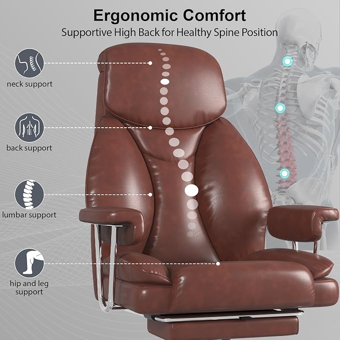 Big and Tall Office Chair, Executive Home Office Desk Chair, Comfy Leather High-Back Reclining Computer Chair with Retractable Footrest and Padded Arms, 360°Swivel Rolling Wheels, Wide Seat, Brown