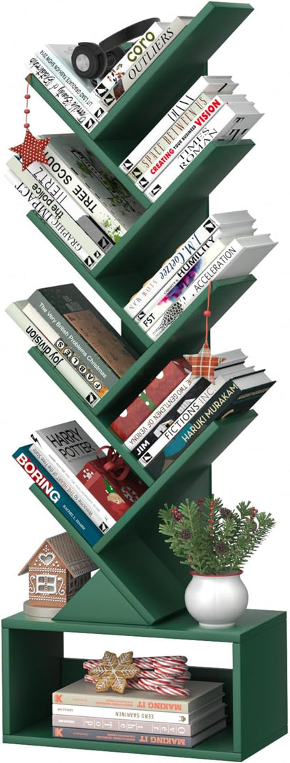 SHEEPAM 9 Tier Tree Bookshelf,Christmas Green Bookcase for Narrow Space, Storage Organizer Floor Standing Bookshelves for Books, Tall Book Case for Home Office, Living Room, Bedroom