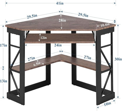 VECELO Corner Desk Computer Desk Writing Table with Smooth Keyboard Tray & Storage Shelves,Compact Home Office Triangle Table,Rustic Brown