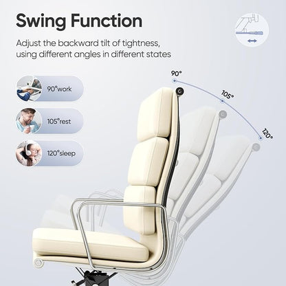 High-Back Executive Genuine Leather Office Chair, with Aluminum Arms and 5-Star Base, Modern Rolling Desk Chair with Silent Wheels, Lumbar Support, High-Adjustable, Tilting for Home & Office