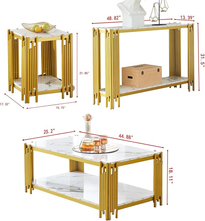 White Marble Coffee Table Set of 4, Faux Marble Coffee Tables, White Gold Console Table and 2 End Tables with Chrome Metal I-Base, Luxury 4 Piece Living Room Table Set for Home Office