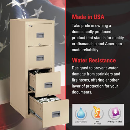 FireKing Patriot Vertical 4 Drawer Legal & Letter Fire Safe File Cabinet, Key Lock, 1 Hour Fire Rated UL Rated & Water Resistant, USA Made, Parchment