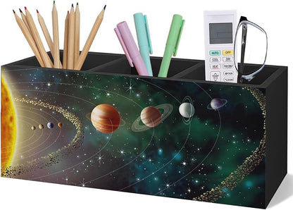 Black Outer Space Decor Wooden Pen Pencil Holder for Desk, Black Space Themed Bedroom Decor Gift for Kids Men, The Solar System Wood Makeup Brush Toothbrush Holder Organizer for Library Bedroom