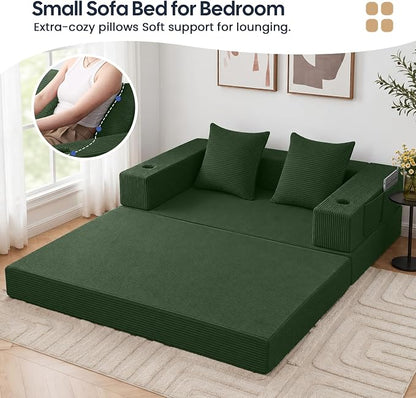 COMAX Futon Sofa Bed, 4‑in‑1 Convertible Sofa Bed, Folding Boneless Couches | Boneless Couch for living room, Fold Out Small Foldable Loveseat Floor Sleeper Mattress Lounge Space‑Saving, Green