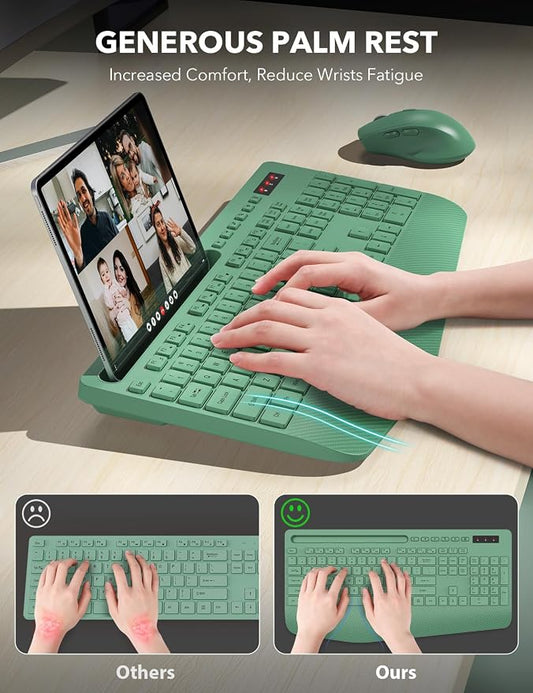 Wireless Keyboard and Mouse Combo - Full-Sized Ergonomic Keyboards with Wrist Rest, Phone Holder, Sleep Mode, Silent 2.4GHz Cordless Combo for Computer, Laptop, PC, Mac, Windows -Trueque