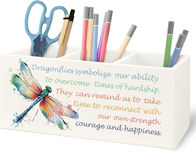 Inspirational Dragonfly Wooden Pen Pencil Holder for Office Desk Accessories, Motivational Gifts for Women, Encouragement Gifts Makeup Brush Toothbrush Holder Organizer