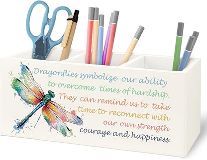 Inspirational Dragonfly Wooden Pen Pencil Holder for Office Desk Accessories, Motivational Gifts for Women, Encouragement Gifts Makeup Brush Toothbrush Holder Organizer