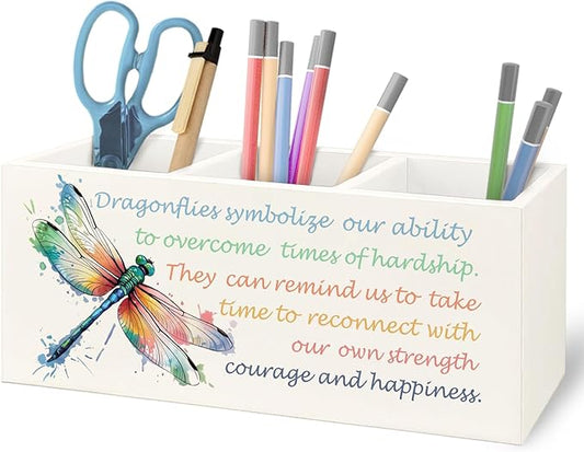 Inspirational Dragonfly Wooden Pen Pencil Holder for Office Desk Accessories, Motivational Gifts for Women, Encouragement Gifts Makeup Brush Toothbrush Holder Organizer