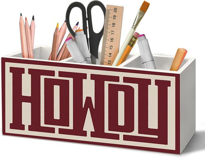 Retro Howdy Western Pen Holder Organizer for Desk Accessories, Western Gifts for Women Men, Neutral Minimalist Southwestern Wooden Box Sign Desk Decorations for Home Office Decor