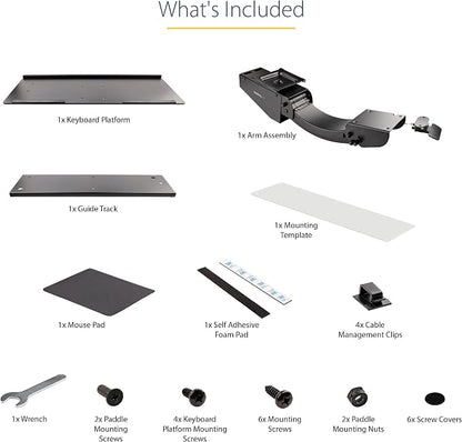 StarTech.com Under Desk Keyboard Tray - Full Motion & Height Adjustable Keyboard and Mouse Tray, 10"x26" Platform - Ergonomic Desk Mount Computer Keyboard Tray with Mouse Pad & Wrist Rest (KBTRAYADJ2)