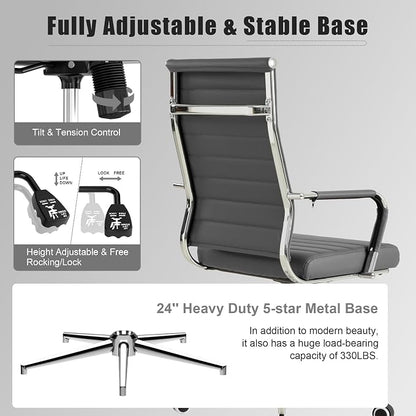 Okeysen Grey Office Desk Chair, Ergonomic Leather Modern Conference Room Chairs, Executive Ribbed Height Adjustable Swivel Rolling Chair for Home Office.