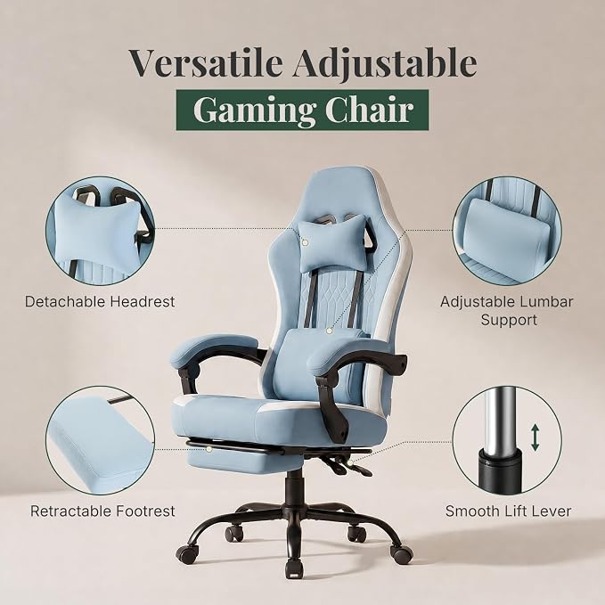 Computer Gaming Chair - High Back Ergonomic Desk Chair with Footrest and Lumbar Support, Height Adjustable Task Chair with Linkage Armrests and Headrest, 360° Swivel Wheels, Blue
