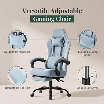 Computer Gaming Chair - High Back Ergonomic Desk Chair with Footrest and Lumbar Support, Height Adjustable Task Chair with Linkage Armrests and Headrest, 360° Swivel Wheels, Blue