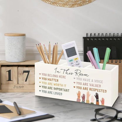 Inspirational Diversity Inclusive Wooden Pen Pencil Holder for Desk, Motivational Positive Affirmation Wood Makeup Brush Toothbrush Holder Organizer for Kids Room Playroom Classroom