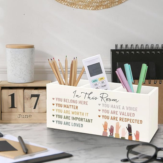 Inspirational Diversity Inclusive Wooden Pen Pencil Holder for Desk, Motivational Positive Affirmation Wood Makeup Brush Toothbrush Holder Organizer for Kids Room Playroom Classroom