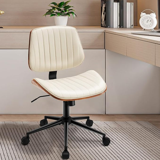 Armless Desk Chair with 360°Swivel Wheels, Ergonomic Adjustable Height Computer Chair for Home Office,PU Leather with Modern Walnut Drafting Chairs for Office, Reading Nook(Beige)