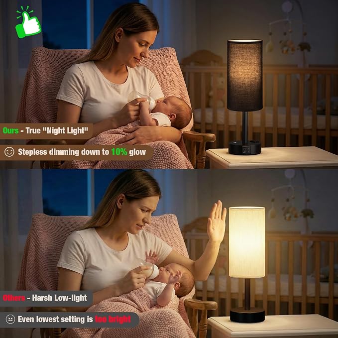 Touch Bedside Table Lamp with Memory - Stepless Dimmable Lamp for Bedroom, Small Nightstand Lamp with Dual USB Charging Ports and AC Outlet, Wood Night Light, Desk Lamp for Nursery, (Black & Black)