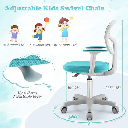 Giantex Kids Desk Chair, Ergonomic Adjustable Teen Task Chair w/Y-Shaped Lumbar Support, Armrest & Universal Wheels, Mesh Kid Office Chair for Sturdy, Kids Computer Chair for Boy Girl 4-12, Turquoise